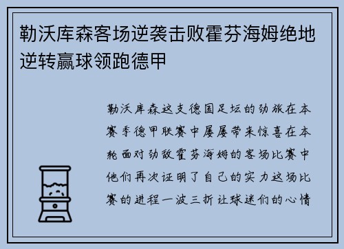 勒沃库森客场逆袭击败霍芬海姆绝地逆转赢球领跑德甲